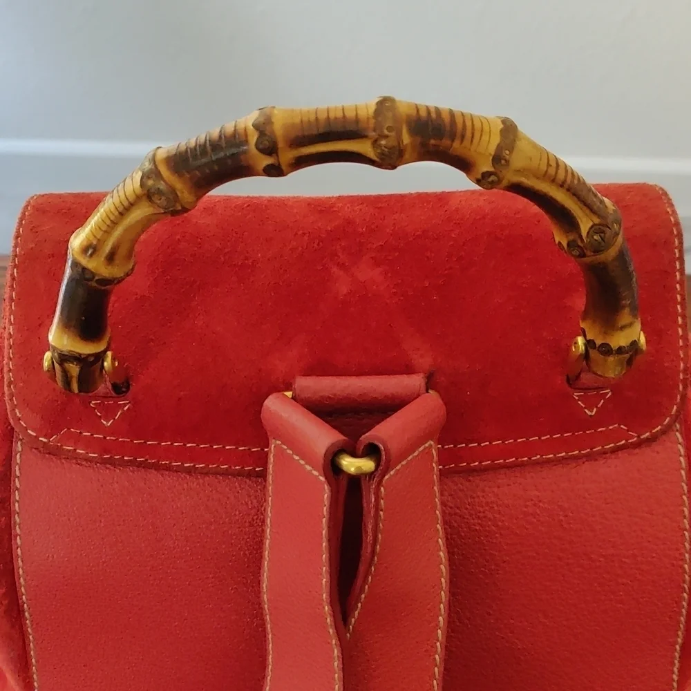 Red Suede Gucci Backpack Vintage Bamboo - Picture 8 of 17